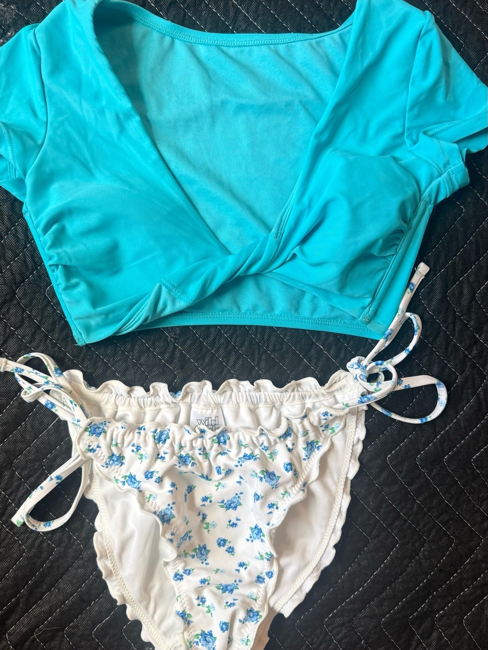 Turquoise Twist Crop Swim Top with White Floral Tie-Side Bikini Bottoms